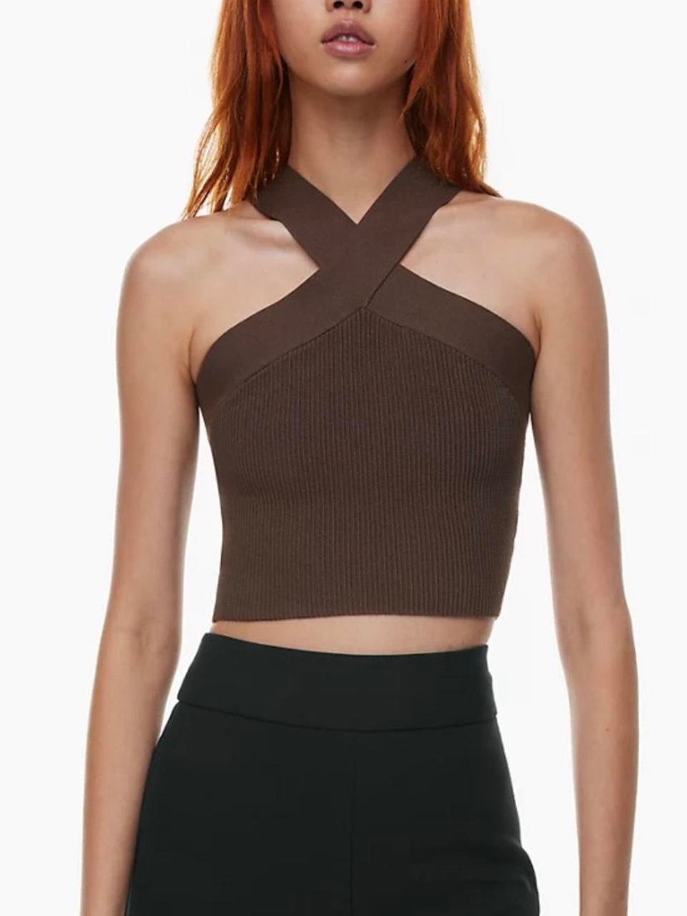 Aritzia Babaton Cropped Sculpt Knit Criss Cross Tank - Coffee Bean - M